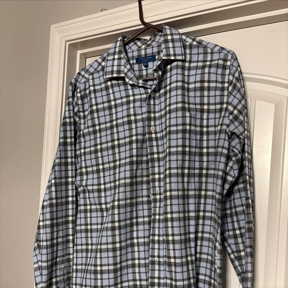 Cole Haan Shirt Mens Medium Gray Blue Plaid Flannel Long Sleeve Button Up Grand
